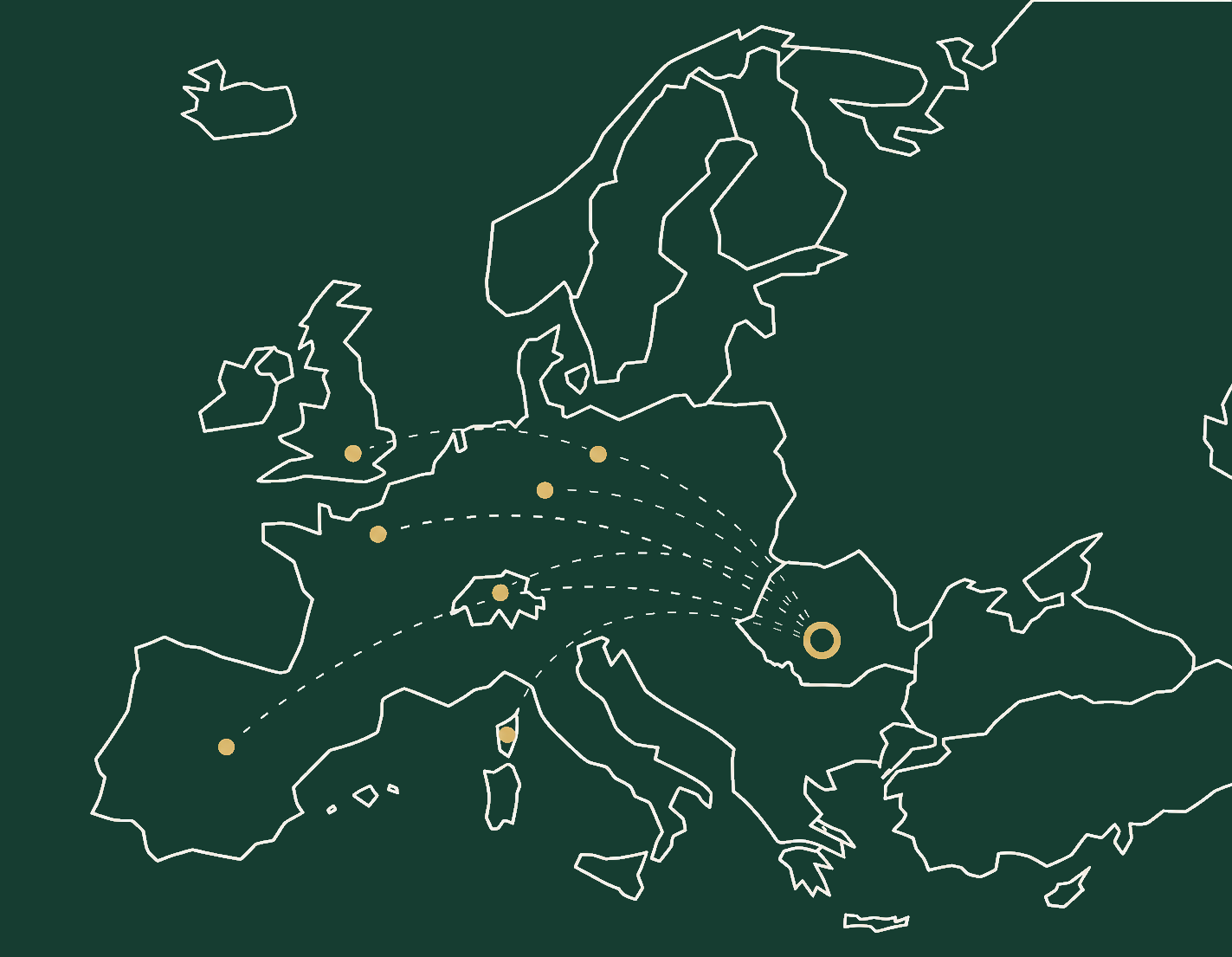 European sourcing network with routes connecting Romania to markets across Europe